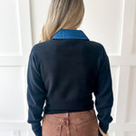 Denim Collar Knit Cardigan - Black