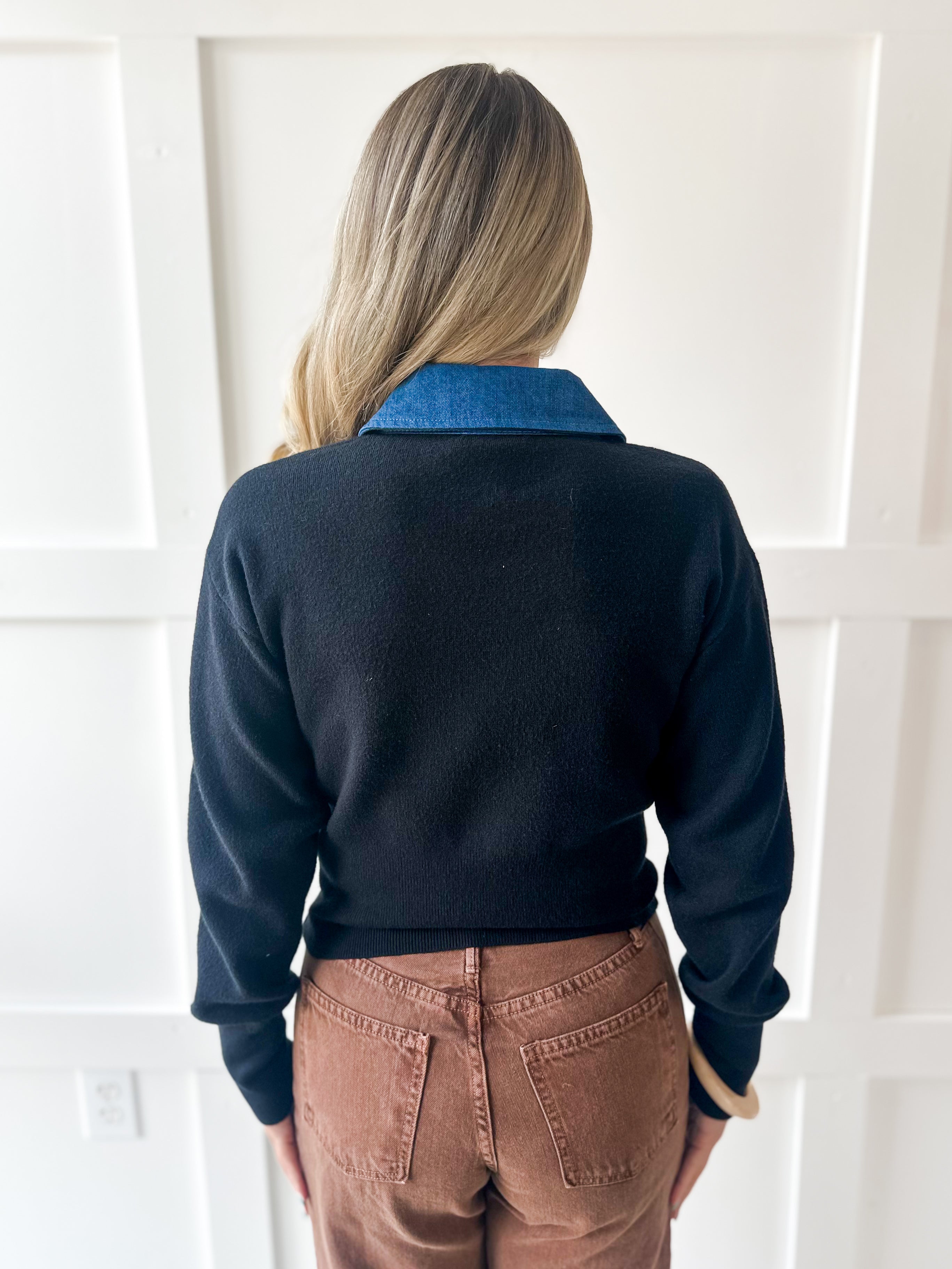 Denim Collar Knit Cardigan - Black