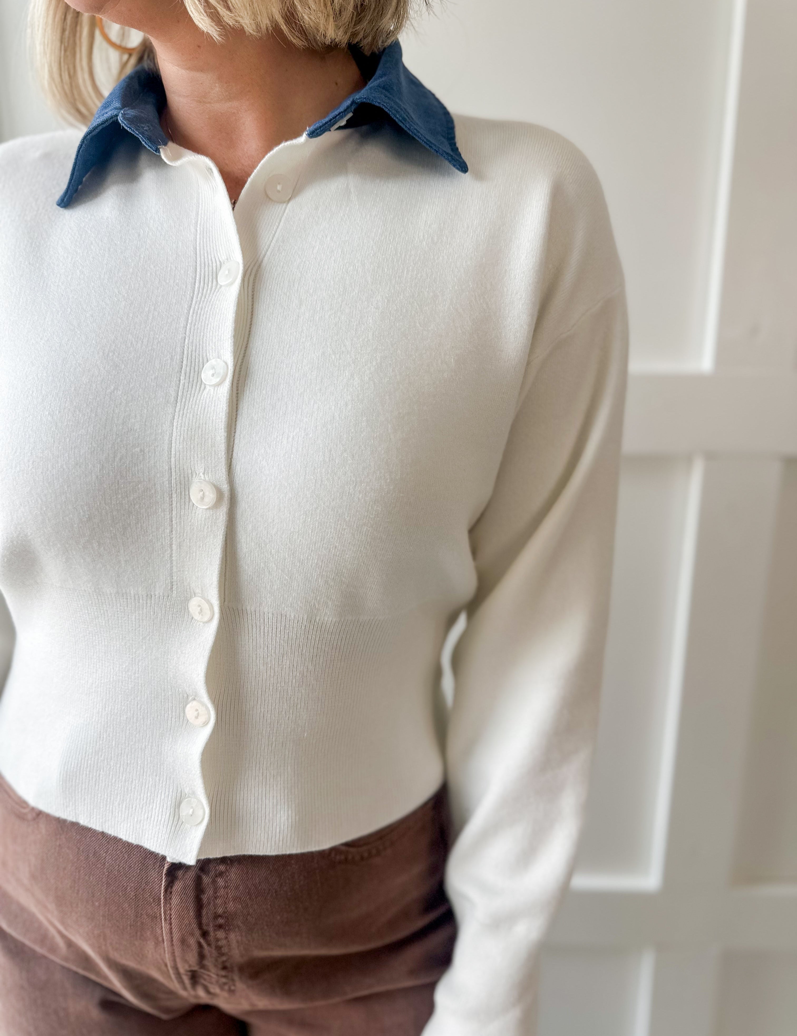 Denim Collar Knit Cardigan - White