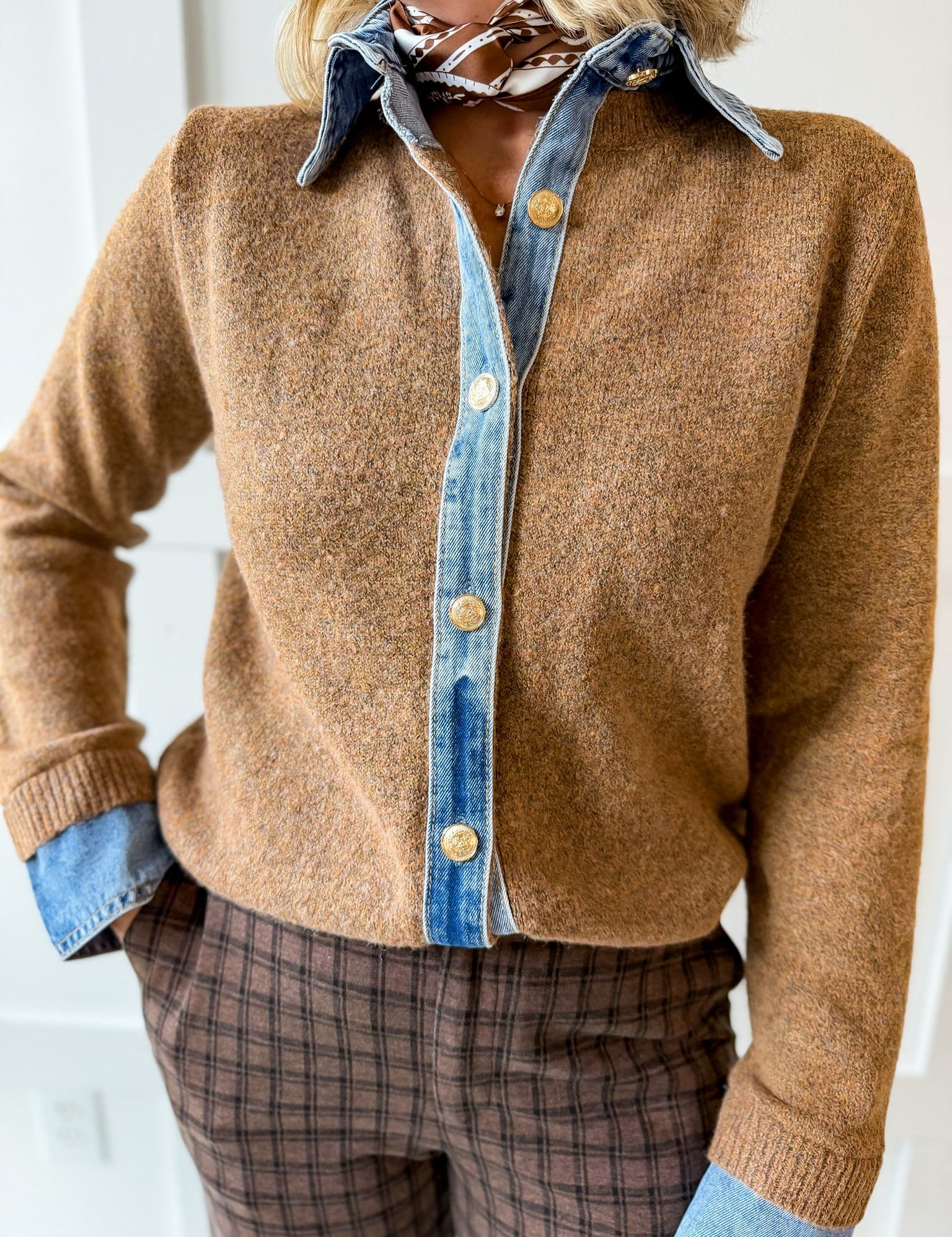 Denim Collared Knit Cardigan