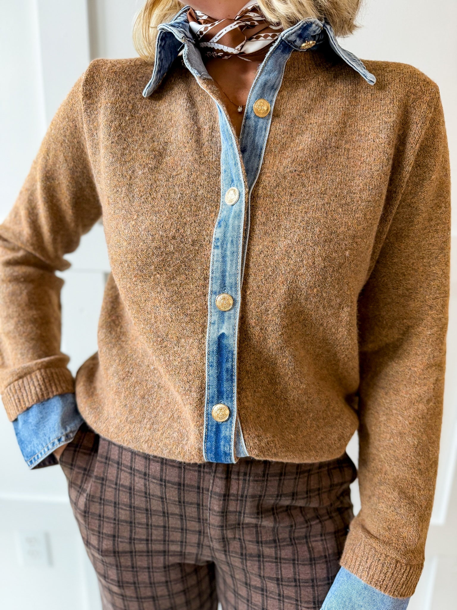 Denim Collared Knit Cardigan