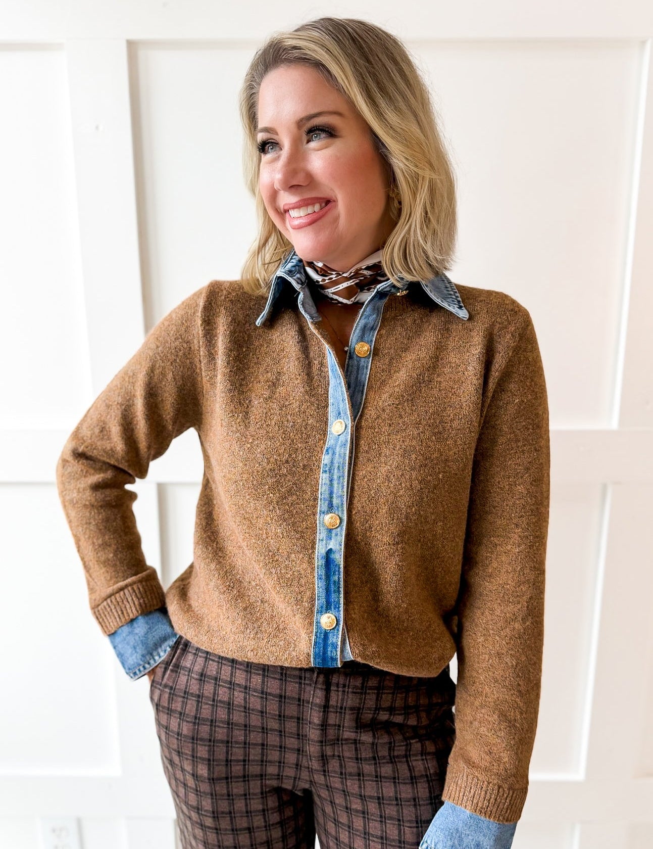 Denim Collared Knit Cardigan