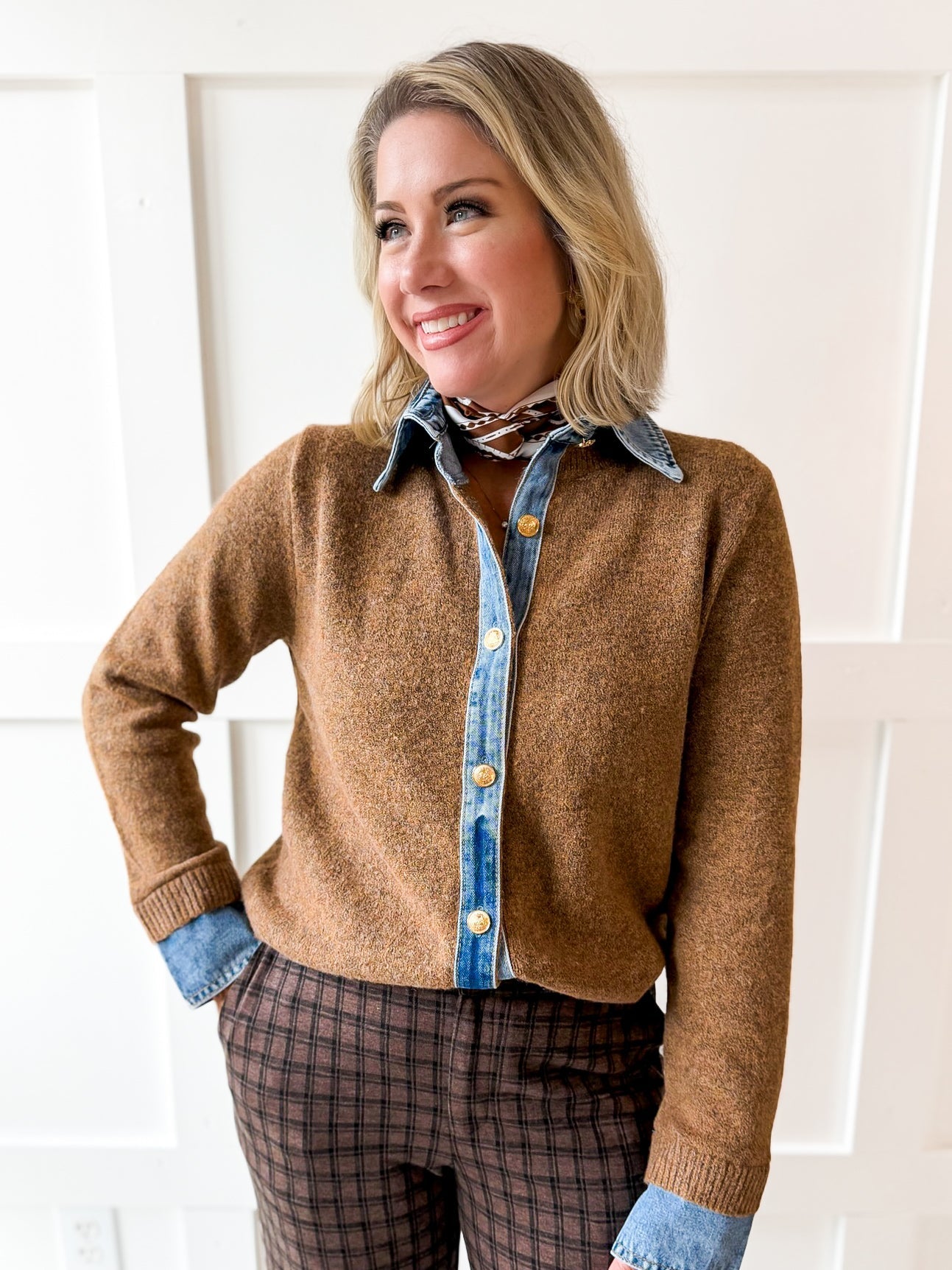 Denim Collared Knit Cardigan
