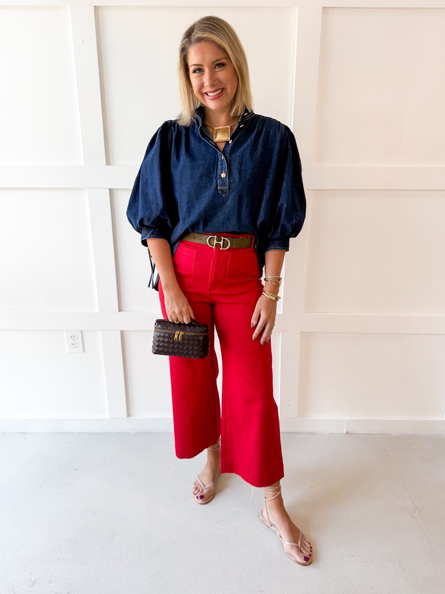 Denim High Neck Shirt Top- Dark Denim