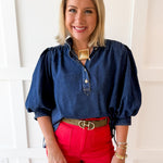 Denim High Neck Shirt Top- Dark Denim