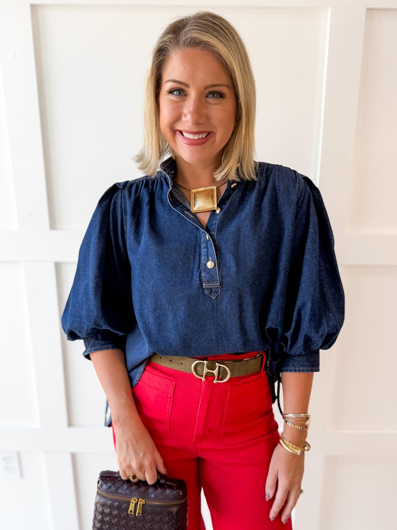 Denim High Neck Shirt Top- Dark Denim