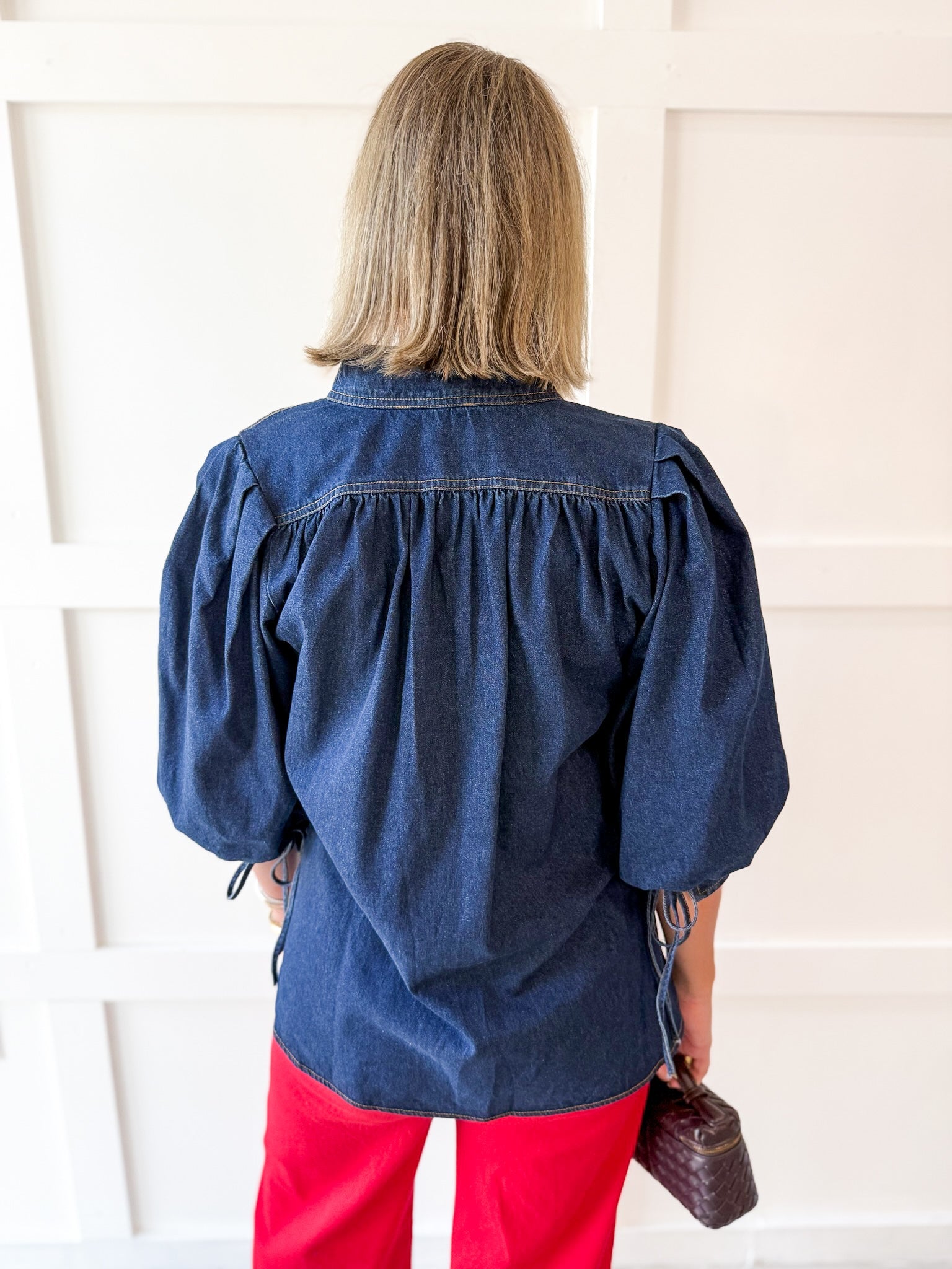 Denim High Neck Shirt Top- Dark Denim