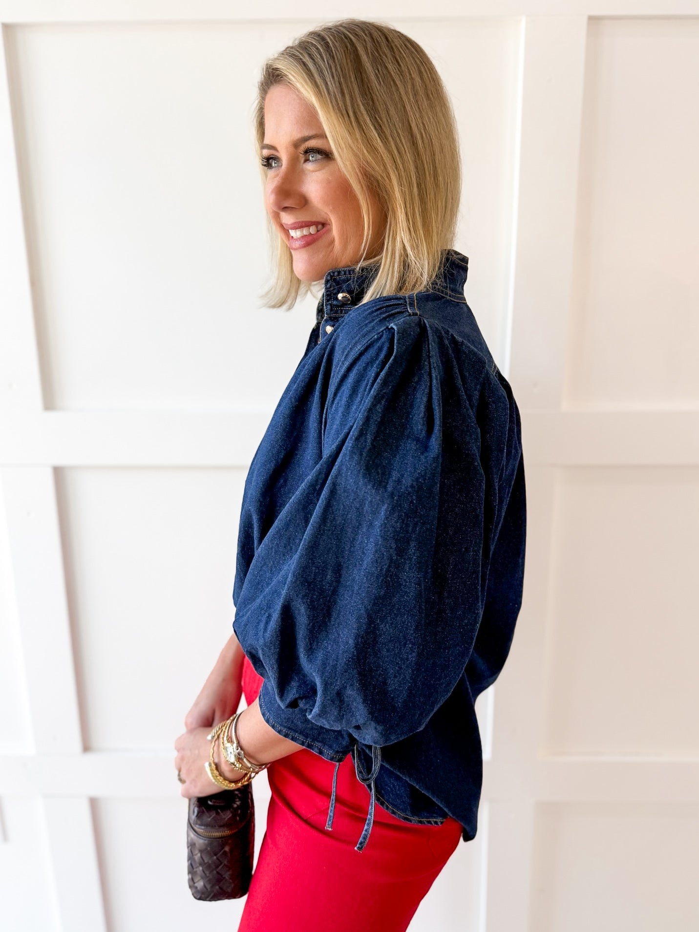 Denim High Neck Shirt Top- Dark Denim