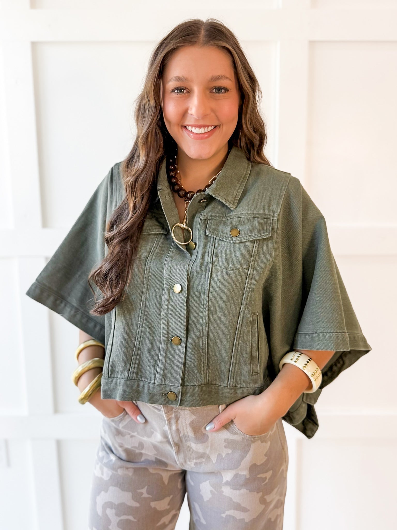 Denim Oversized Cape Jacket - Olive