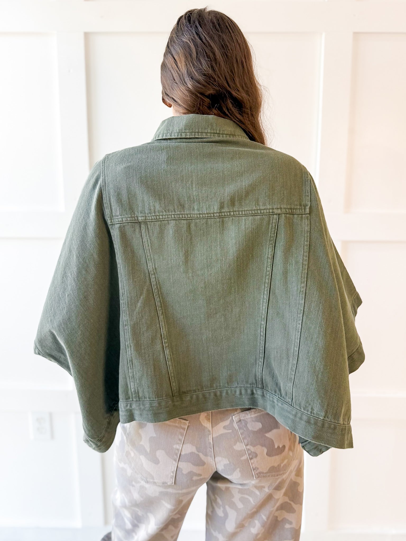 Denim Oversized Cape Jacket - Olive