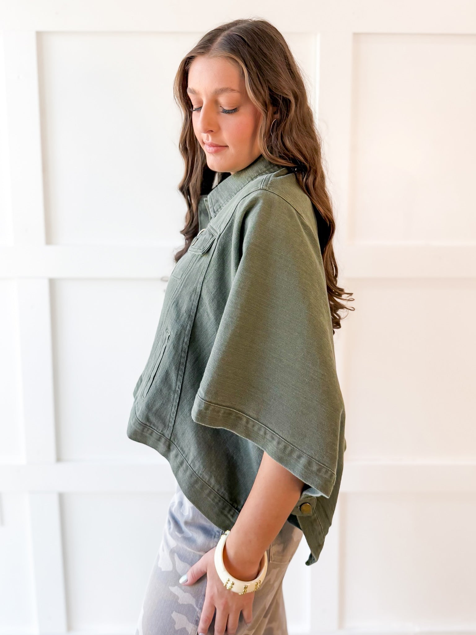 Denim Oversized Cape Jacket - Olive