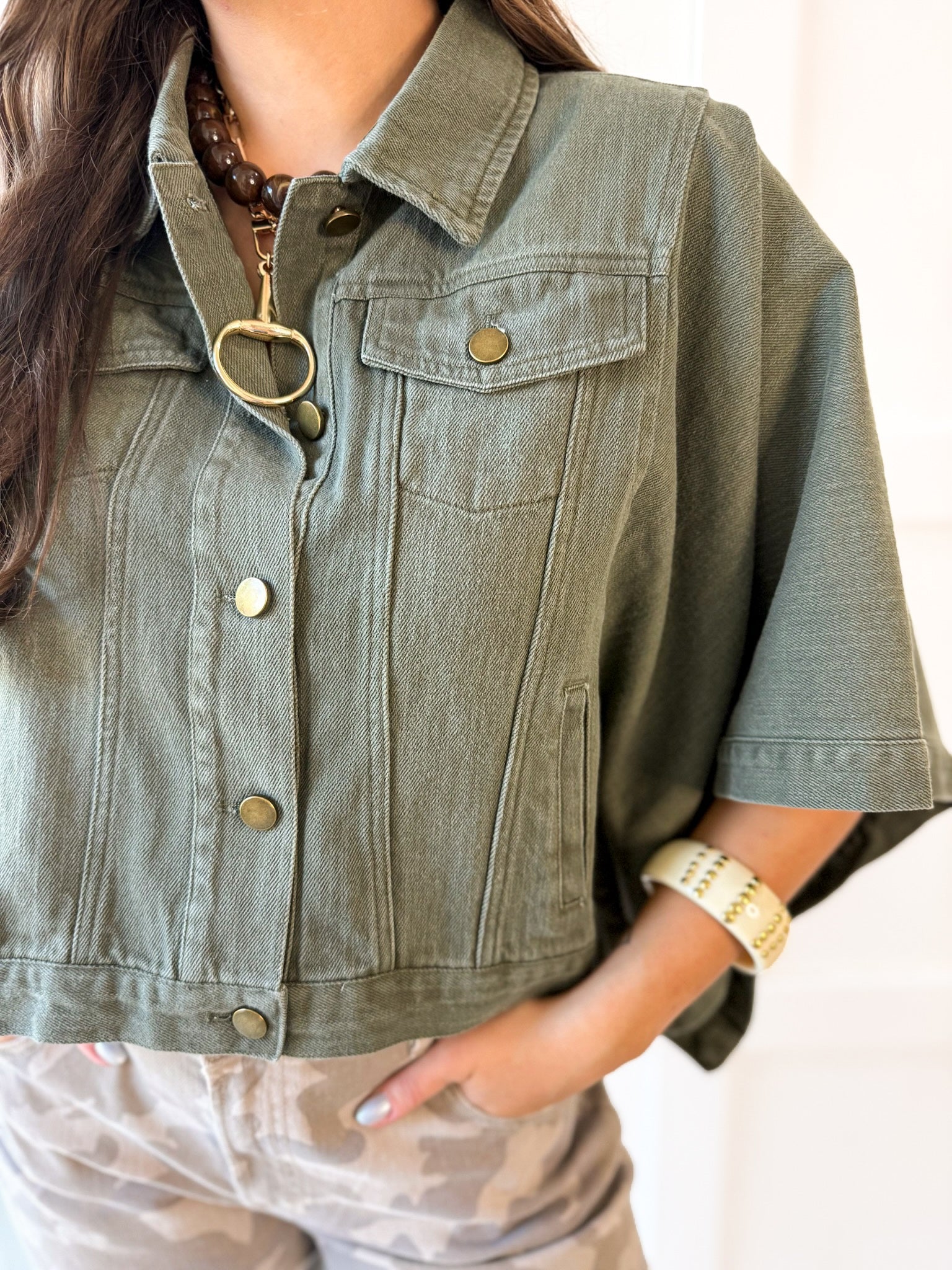 Denim Oversized Cape Jacket - Olive