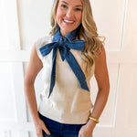 Denim Tie Neck Sleeveless Knit Top