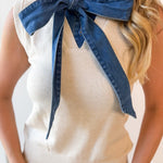 Denim Tie Neck Sleeveless Knit Top