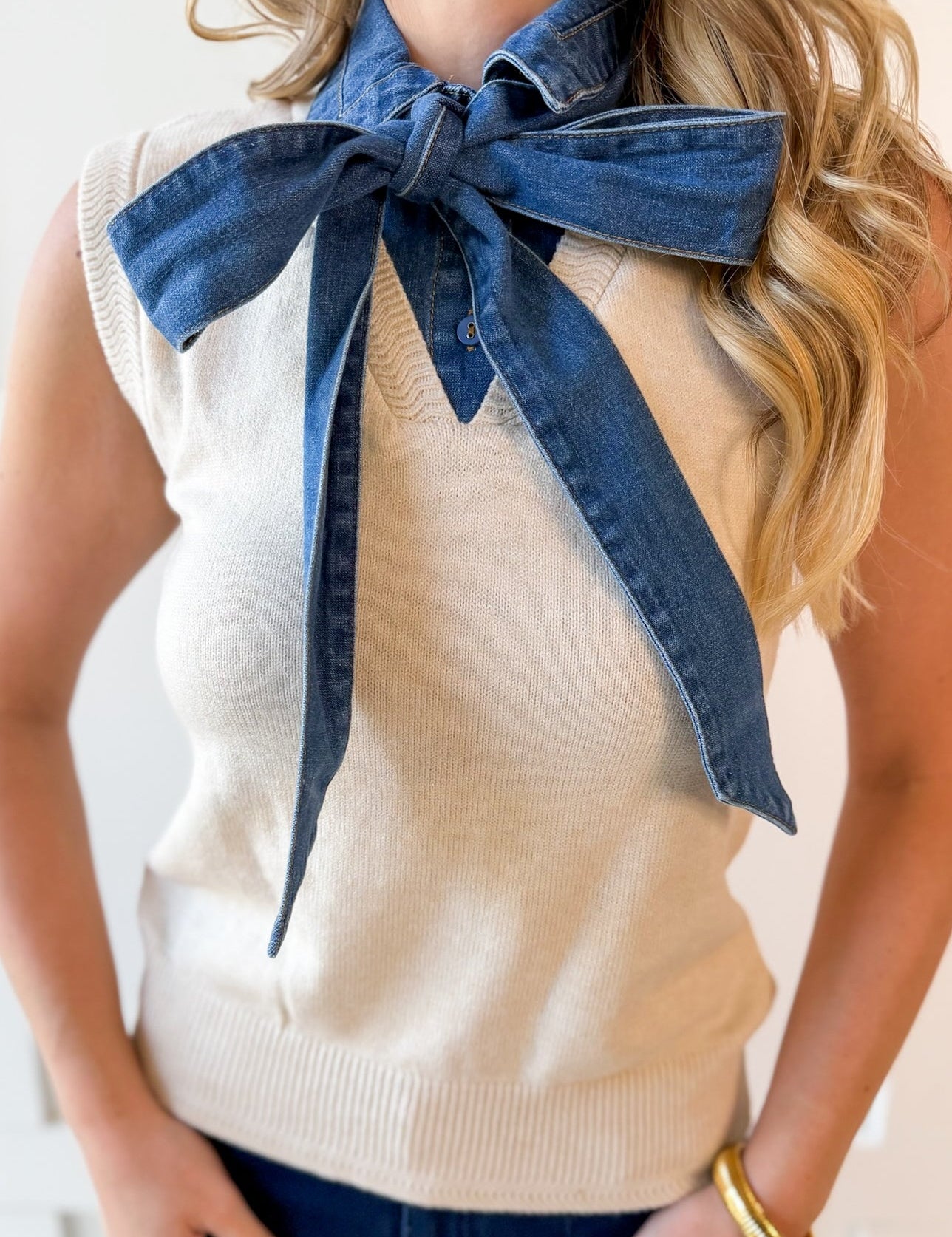 Denim Tie Neck Sleeveless Knit Top