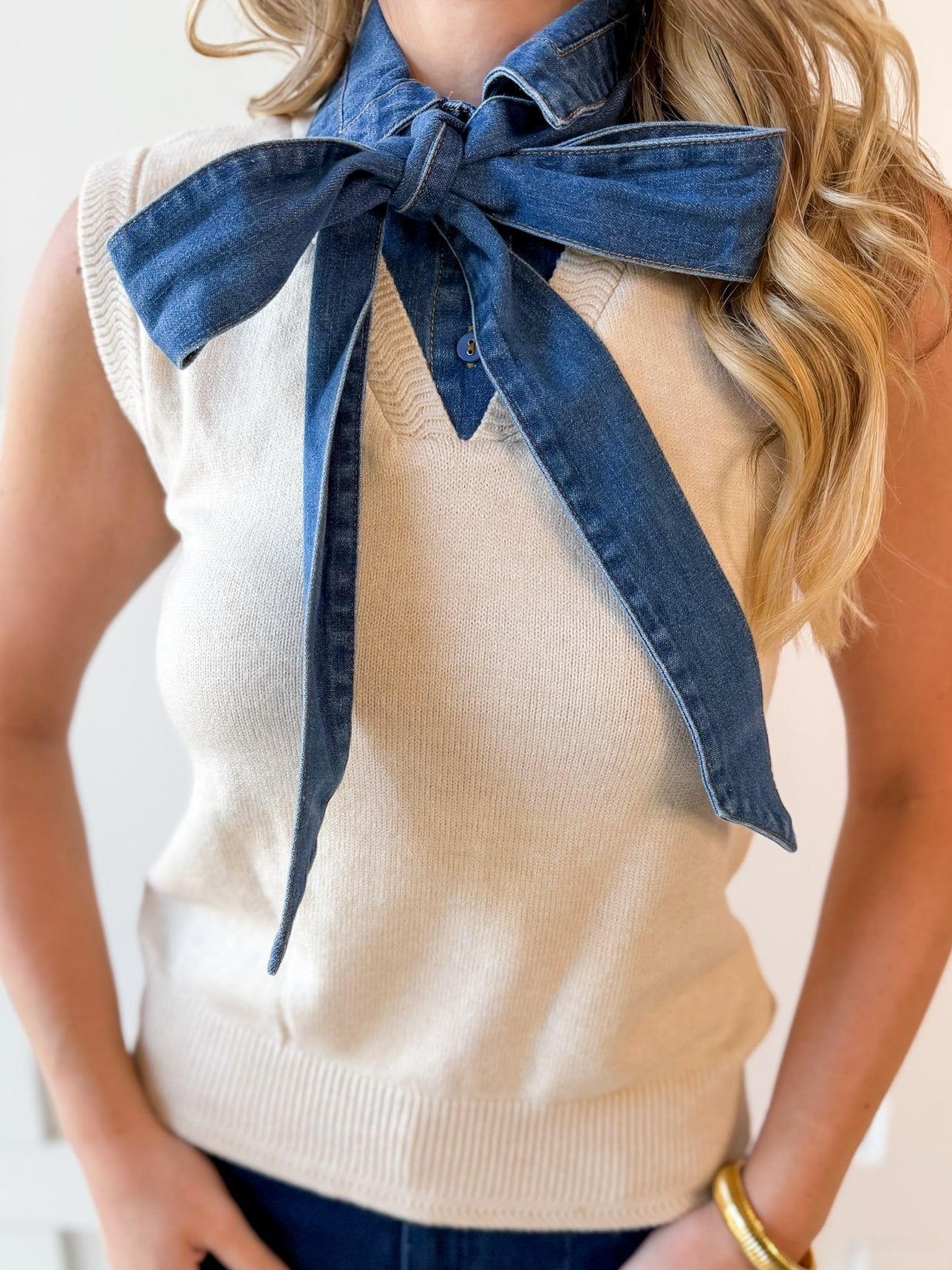 Denim Tie Neck Sleeveless Knit Top