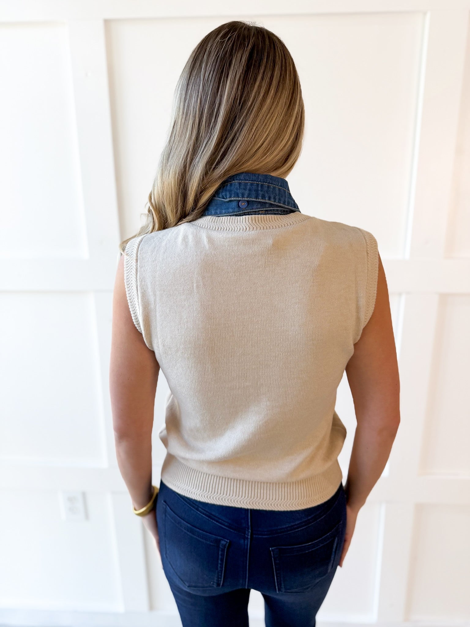 Denim Tie Neck Sleeveless Knit Top