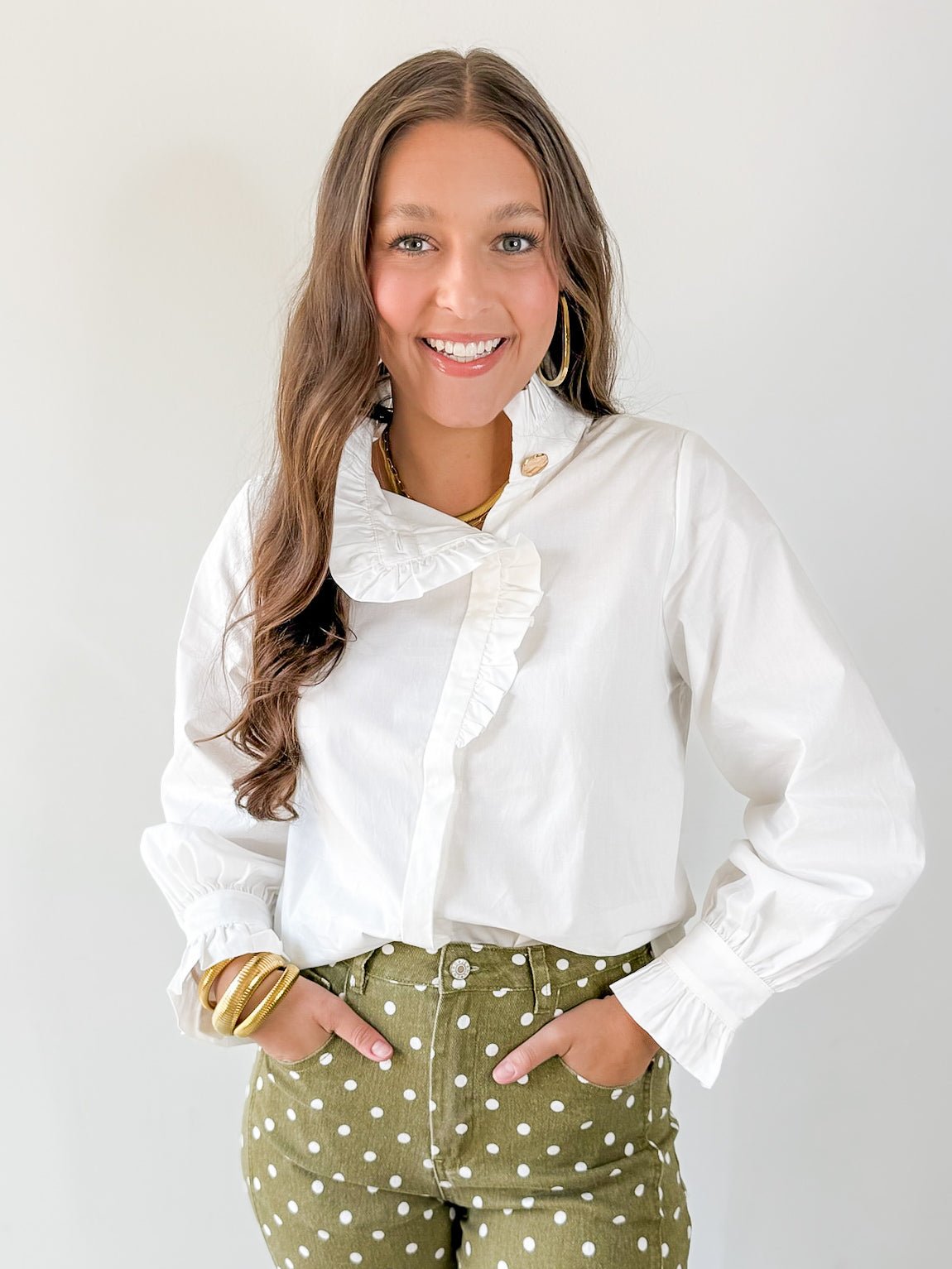 Diagonal Button Closure Blouse - White