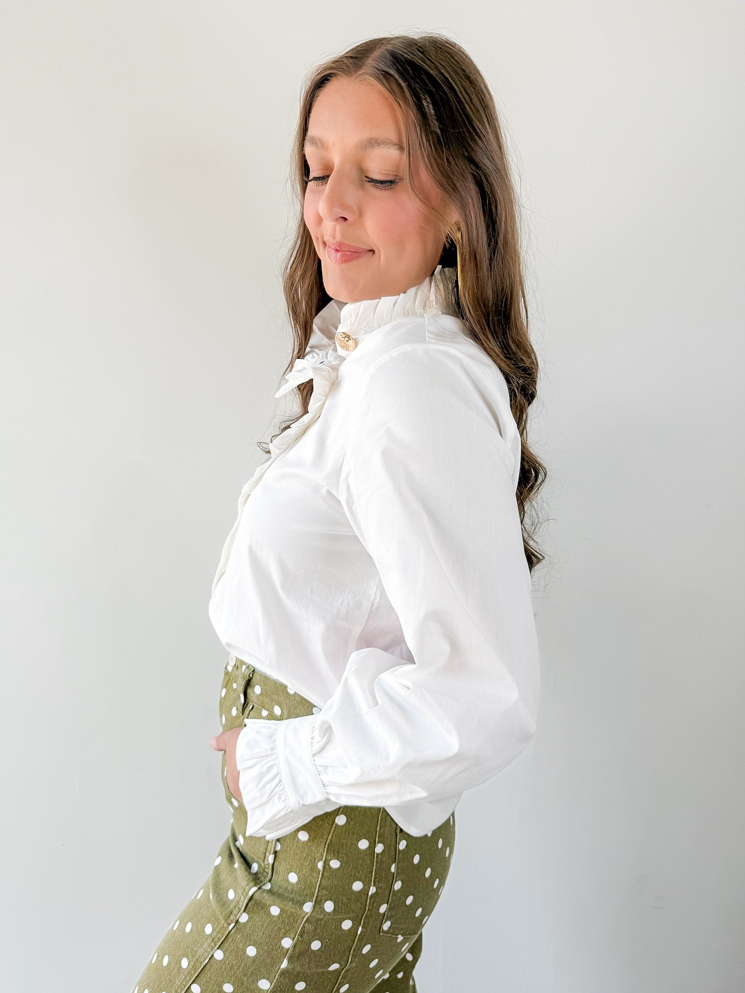 Diagonal Button Closure Blouse - White