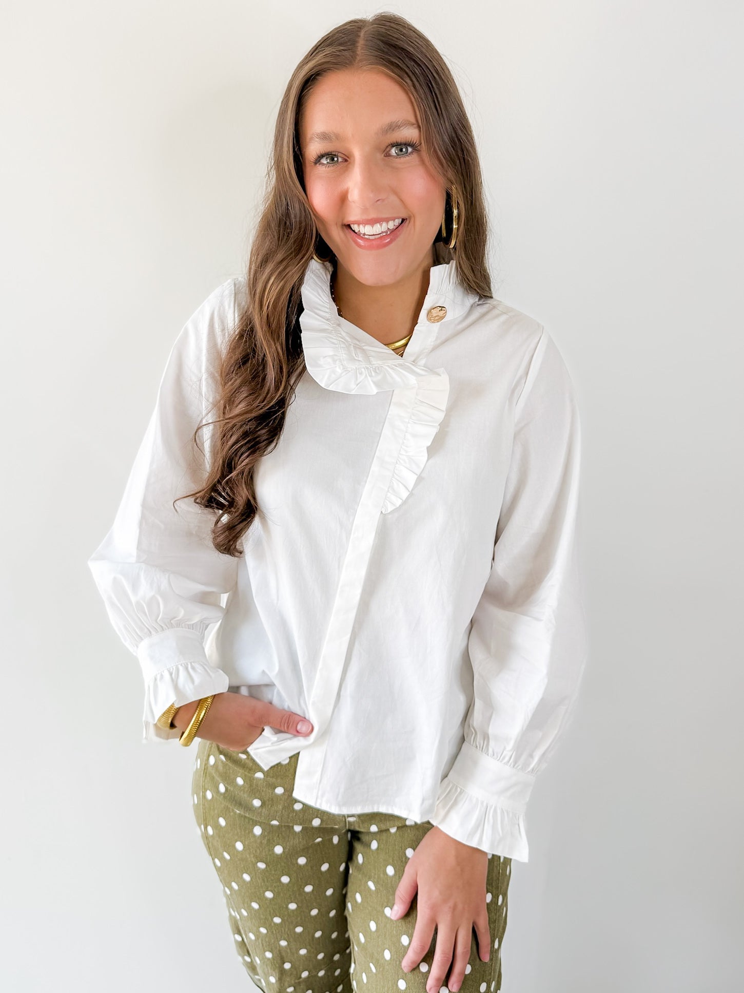 Diagonal Button Closure Blouse - White