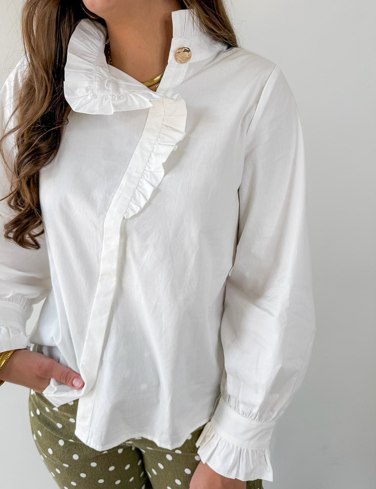 Diagonal Button Closure Blouse - White