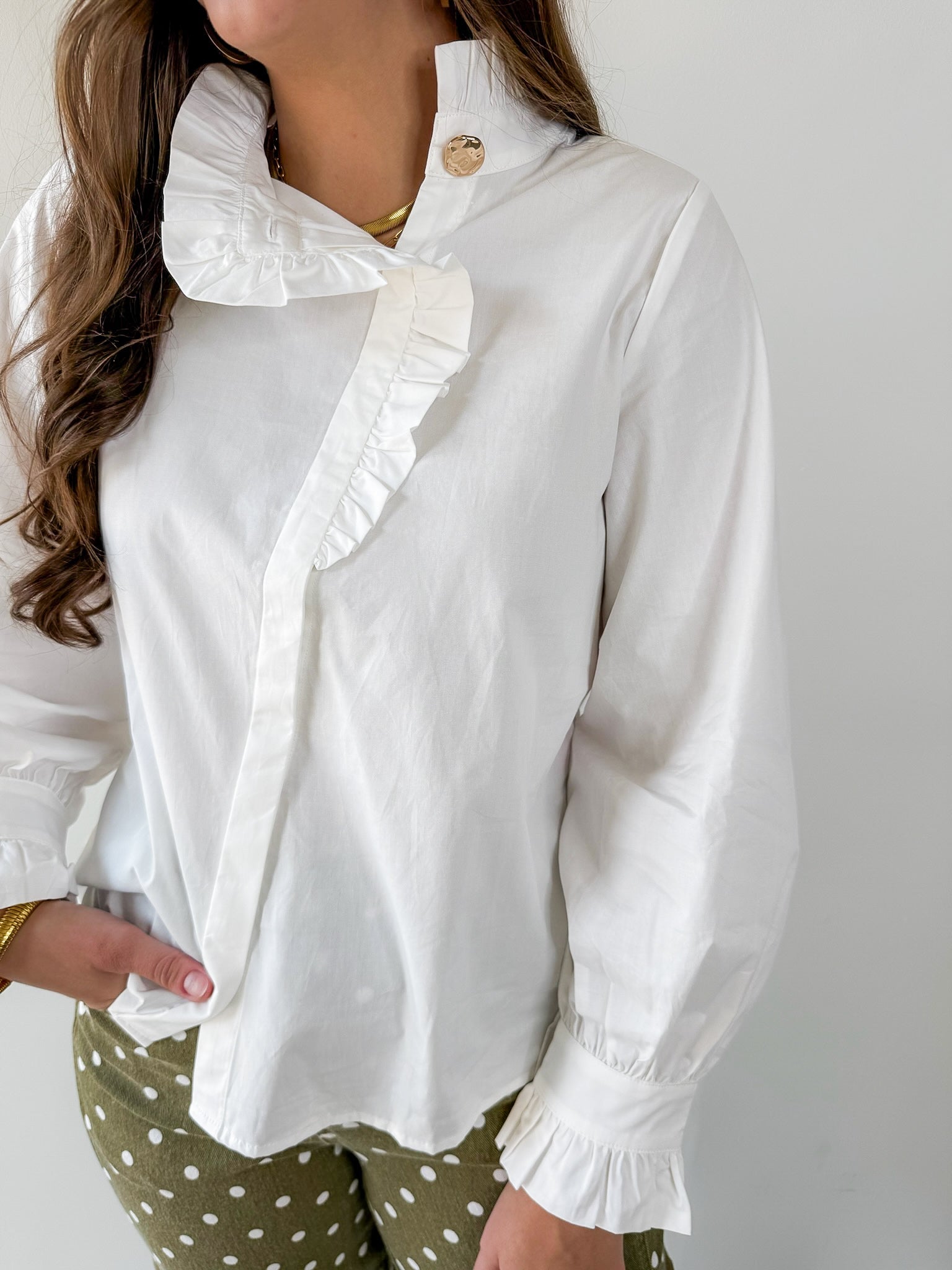 Diagonal Button Closure Blouse - White