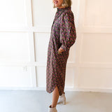 Ditsy Print Puff Sleeve Dress - Navy