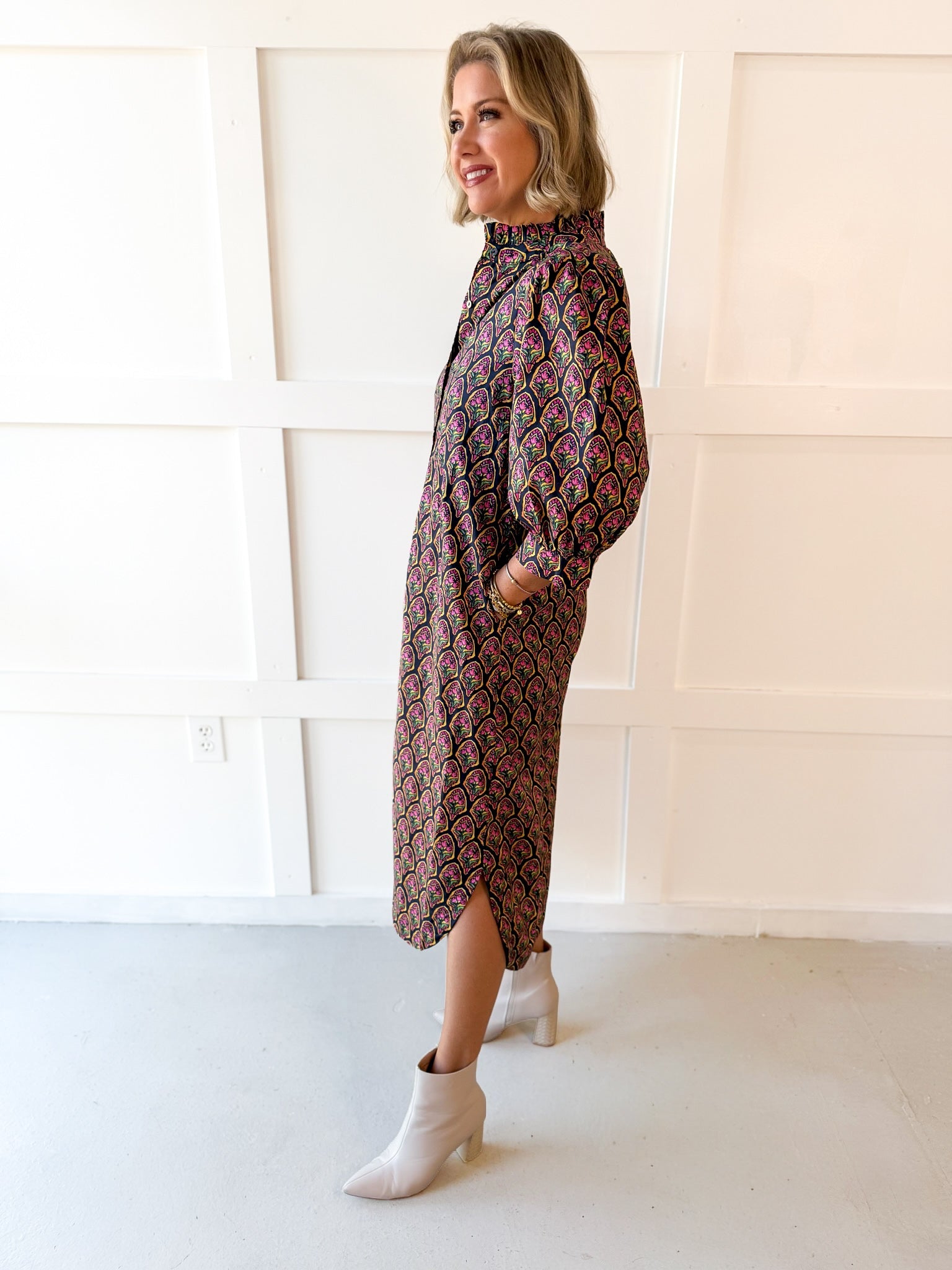 Ditsy Print Puff Sleeve Dress - Navy