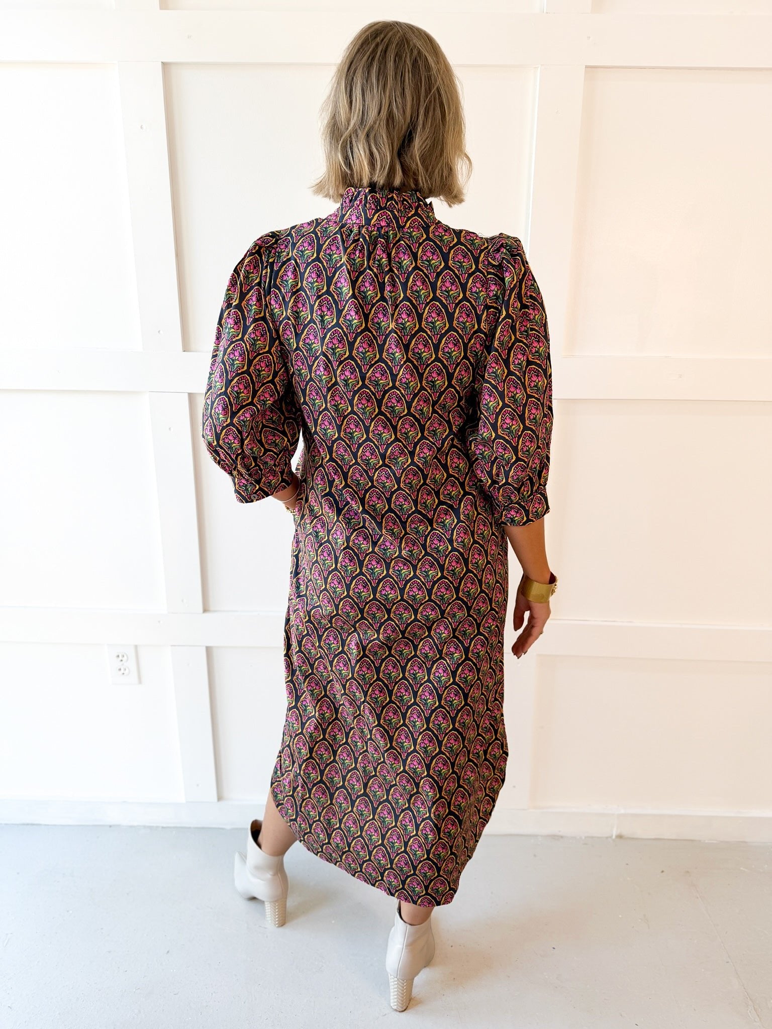 Ditsy Print Puff Sleeve Dress - Navy