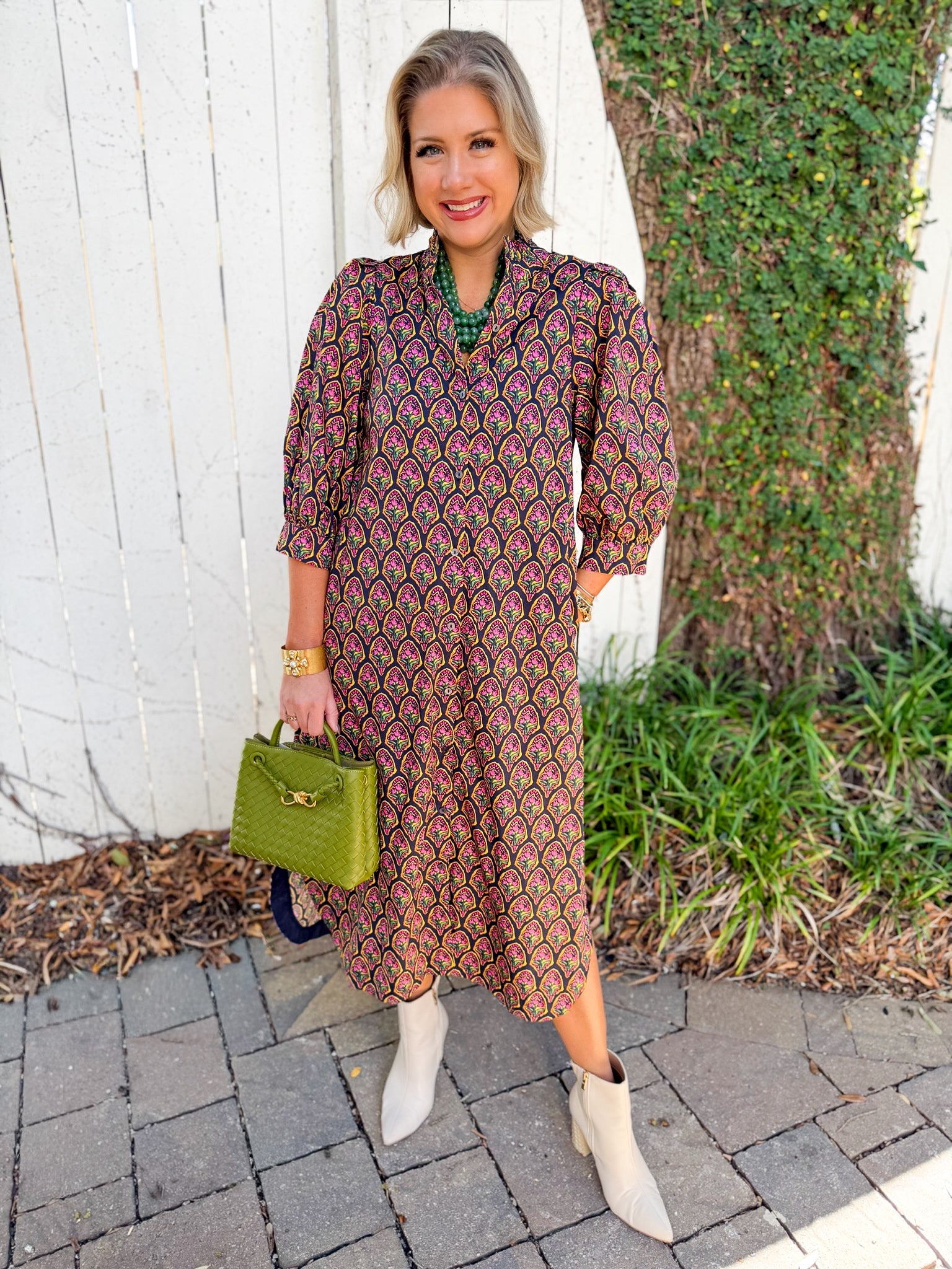 Ditsy Print Puff Sleeve Dress - Navy