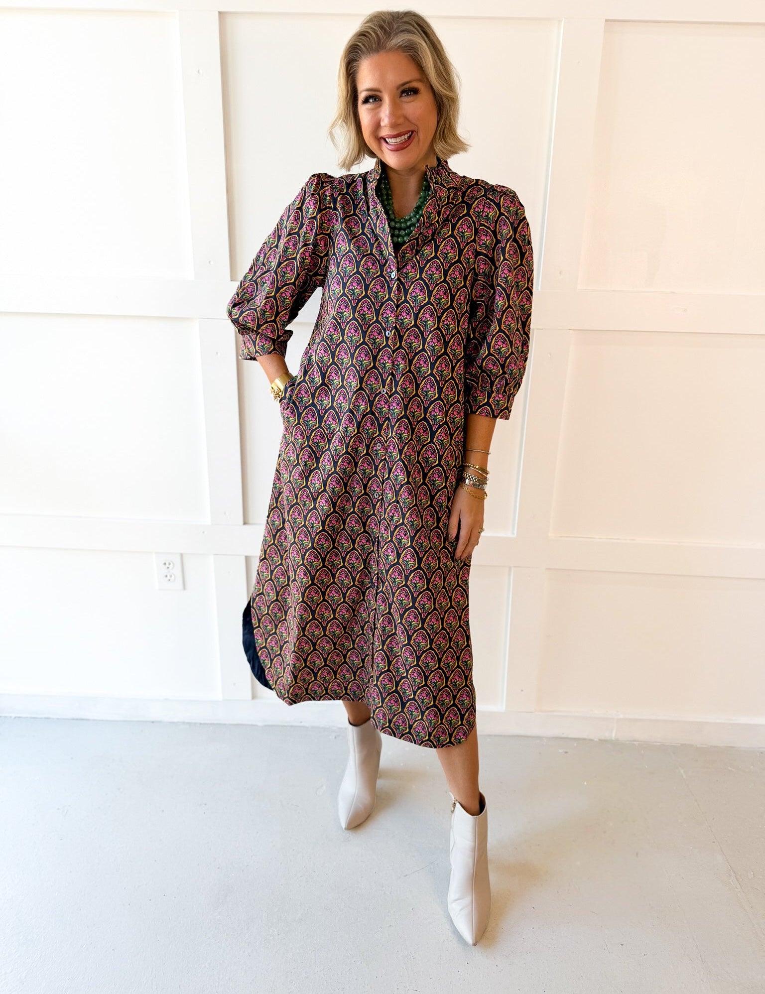 Ditsy Print Puff Sleeve Dress - Navy