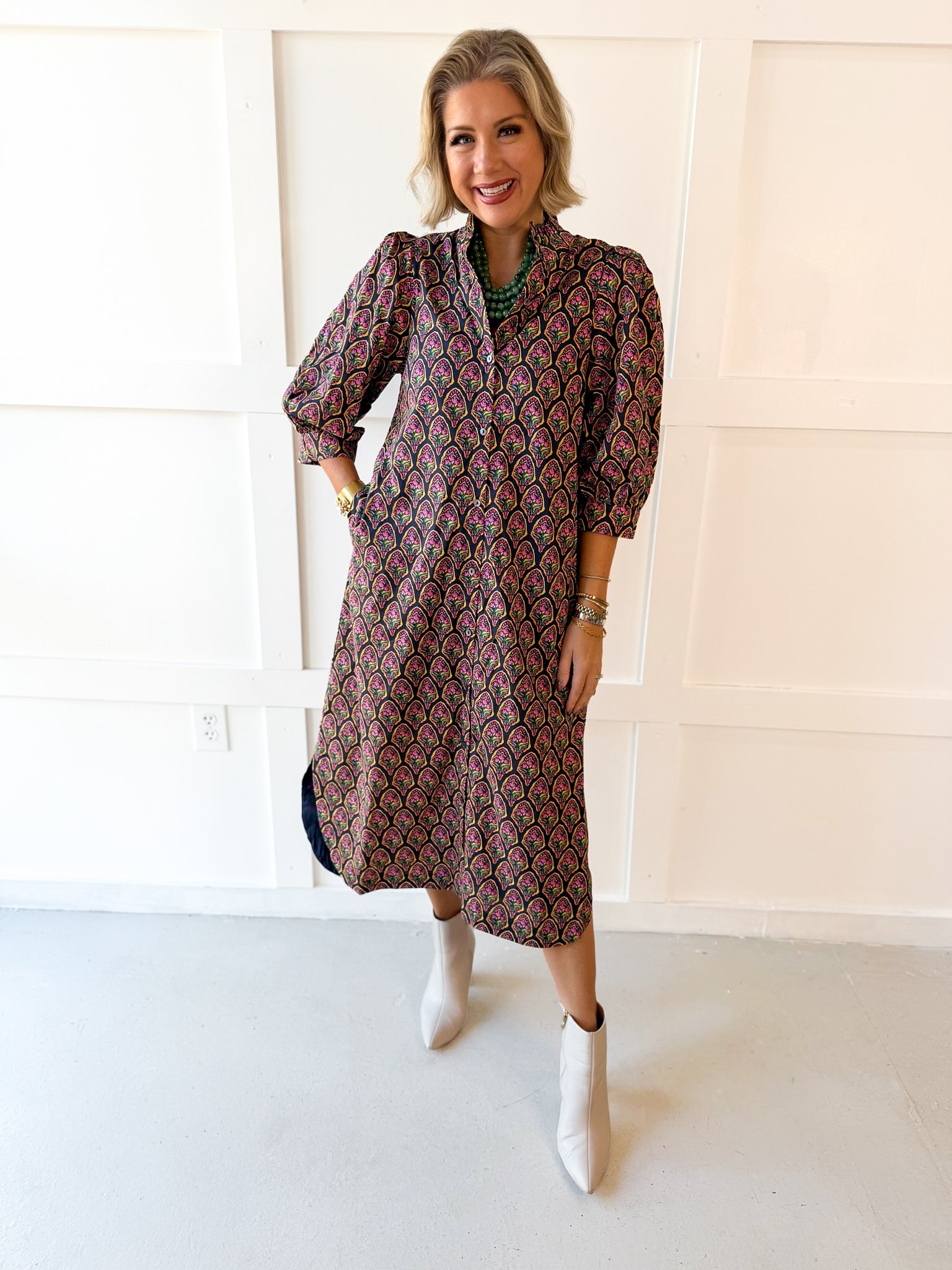 Ditsy Print Puff Sleeve Dress - Navy