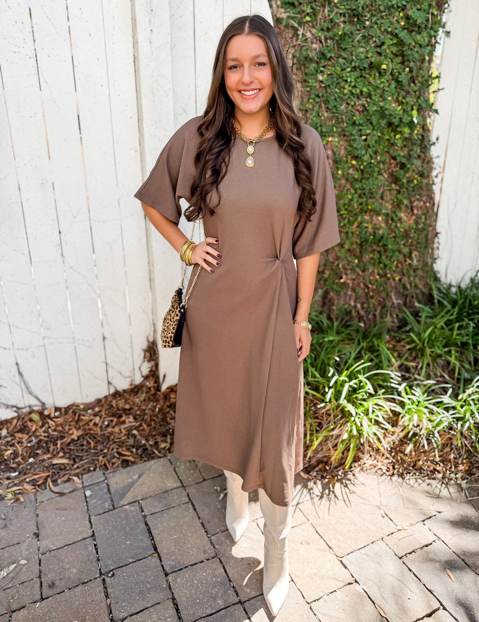 Dolman Sleeve Textured Knit Midi Dress - Mocha