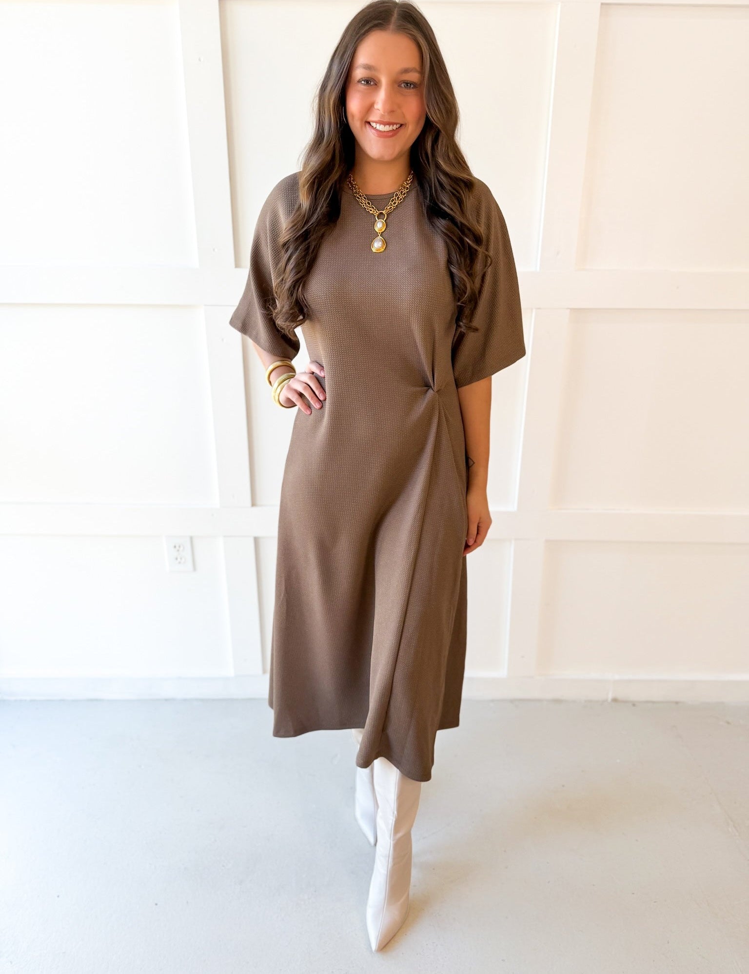 Dolman Sleeve Textured Knit Midi Dress - Mocha