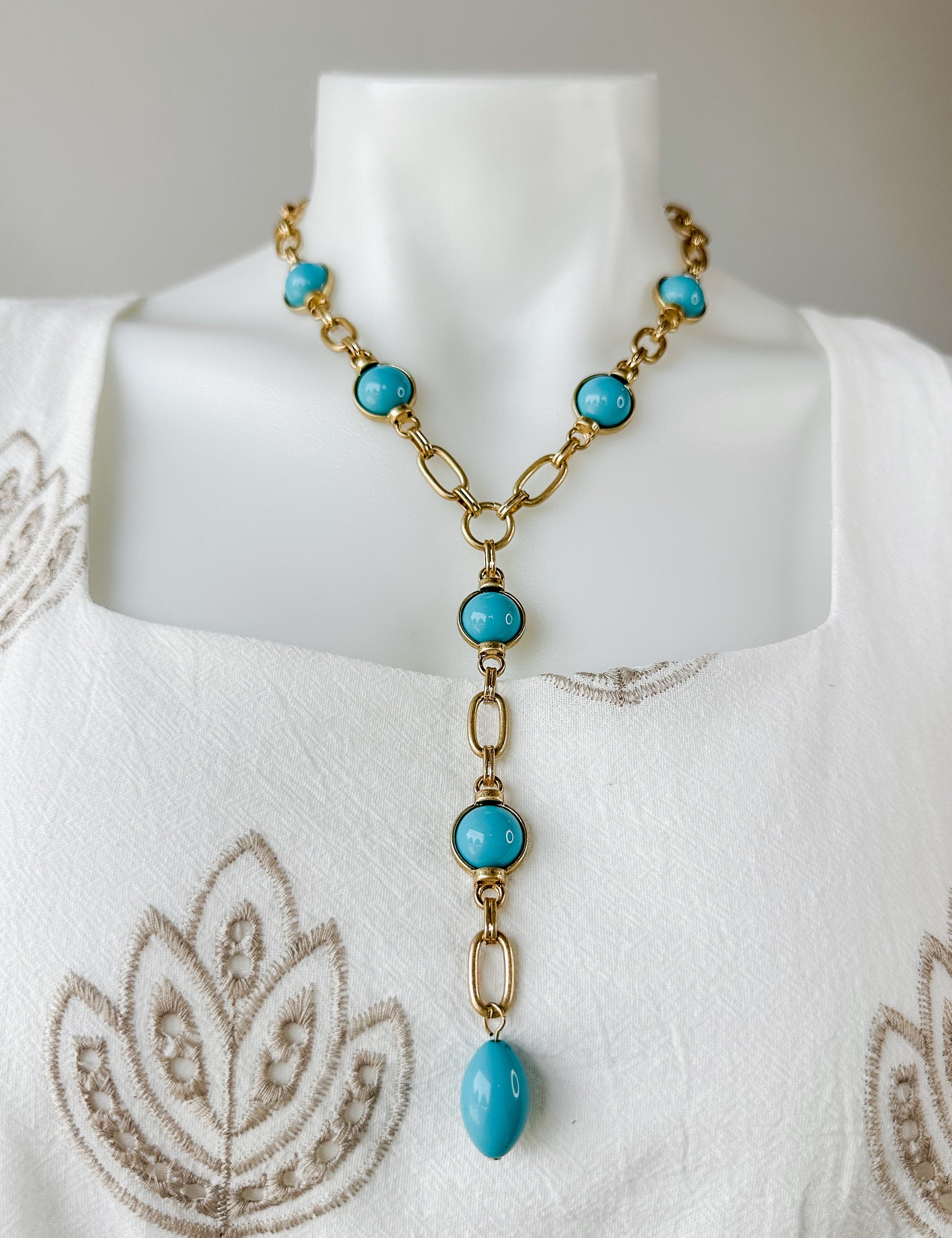 Dome Shape Stone Station Y Necklace Turquoise