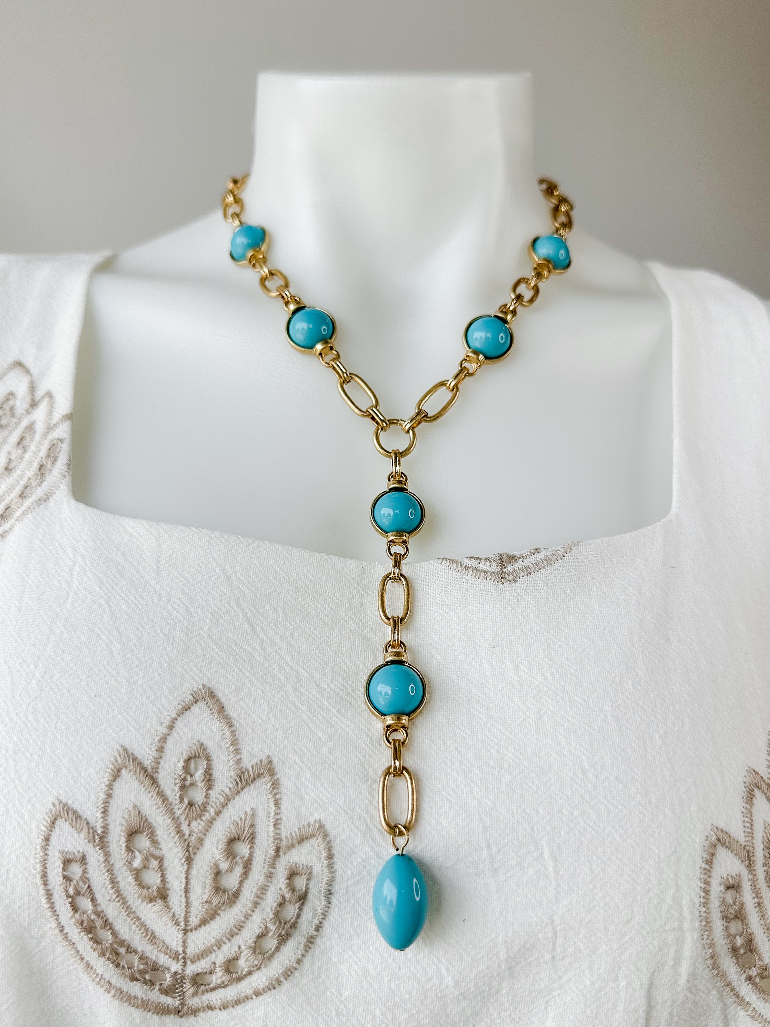 Dome Shape Stone Station Y Necklace Turquoise