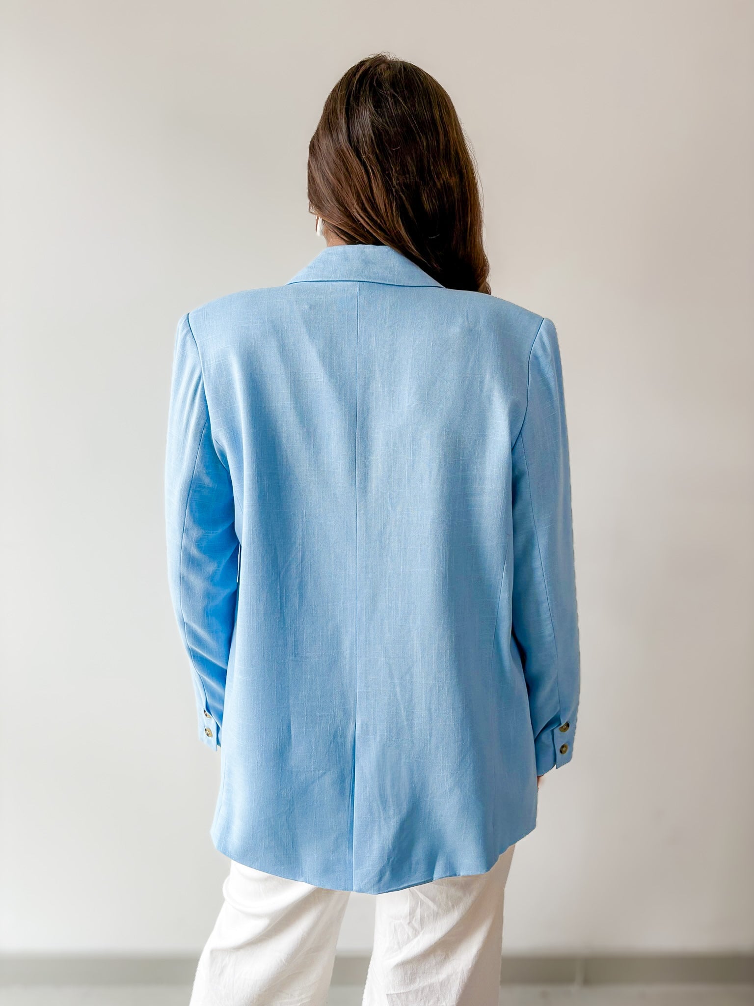 Double Breast Linen Blend Blazer - Blue