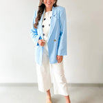 Double Breast Linen Blend Blazer - Blue
