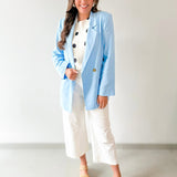 Double Breast Linen Blend Blazer - Blue