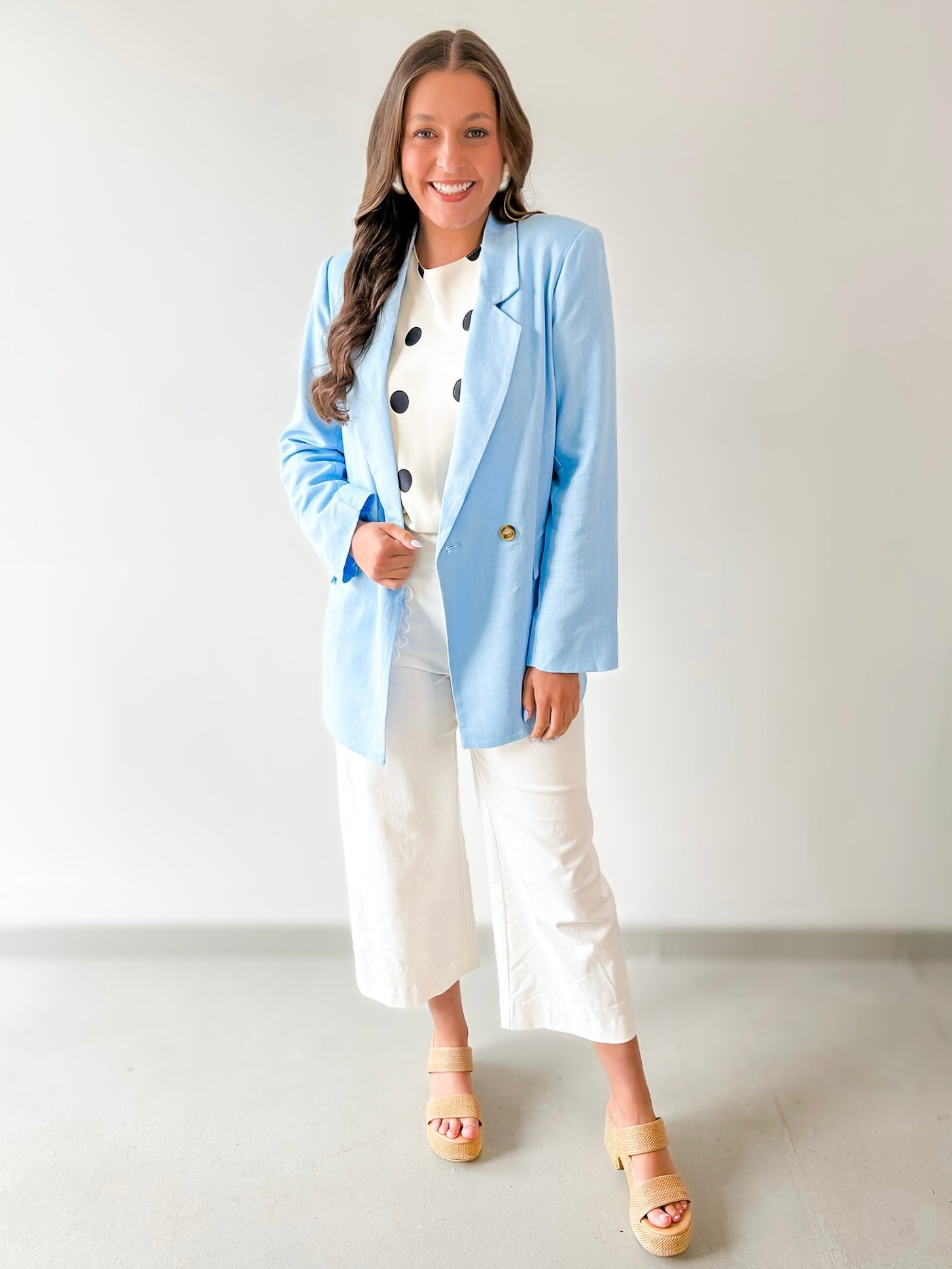 Double Breast Linen Blend Blazer - Blue
