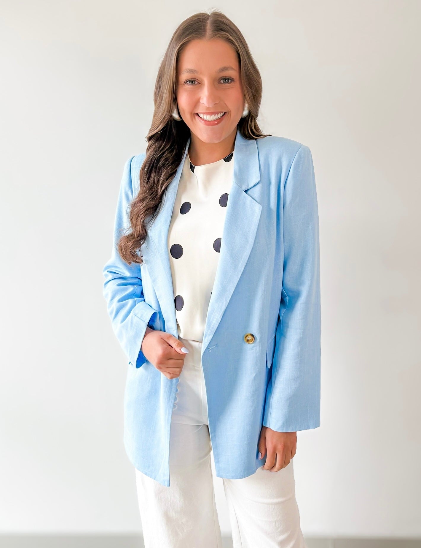 Double Breast Linen Blend Blazer - Blue