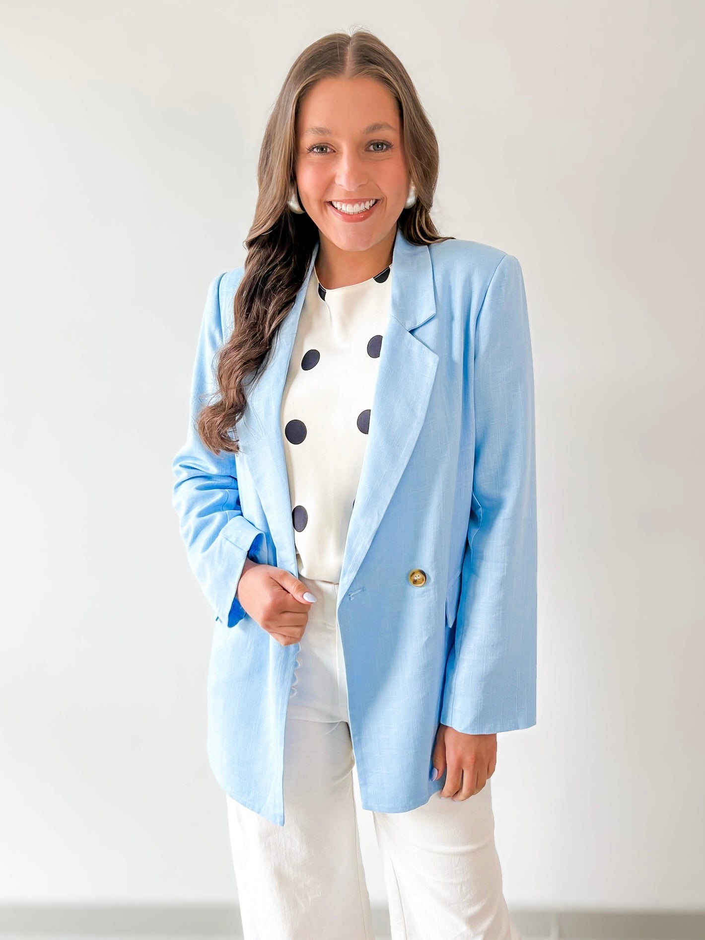 Double Breast Linen Blend Blazer - Blue