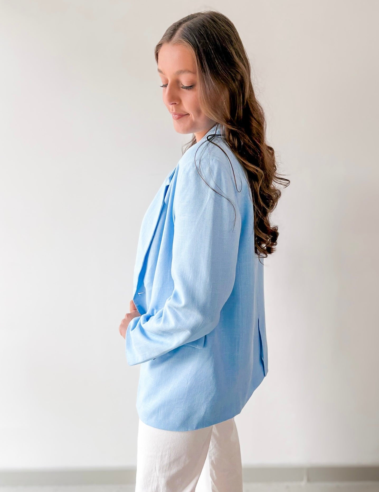 Double Breast Linen Blend Blazer - Blue
