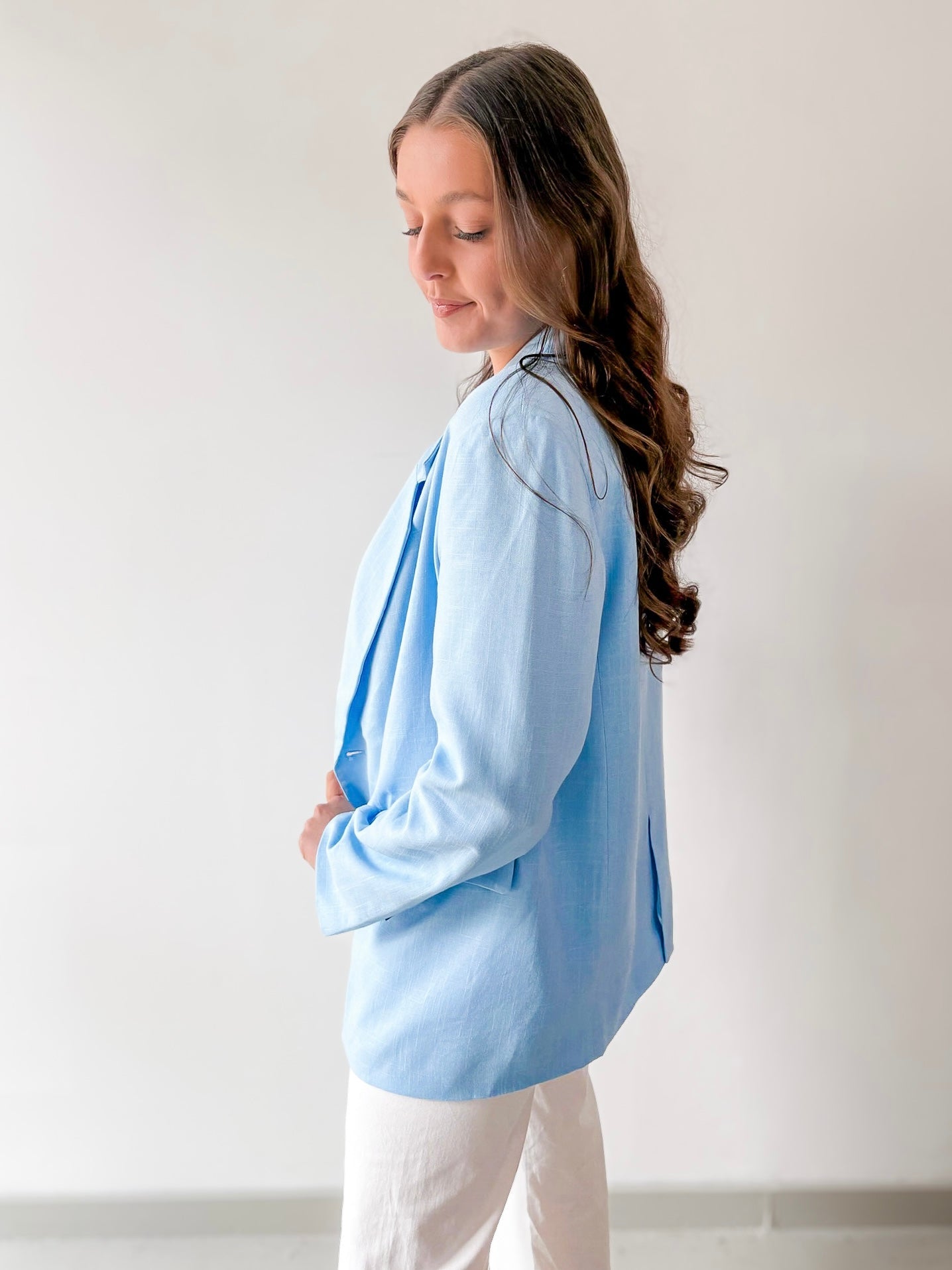 Double Breast Linen Blend Blazer - Blue