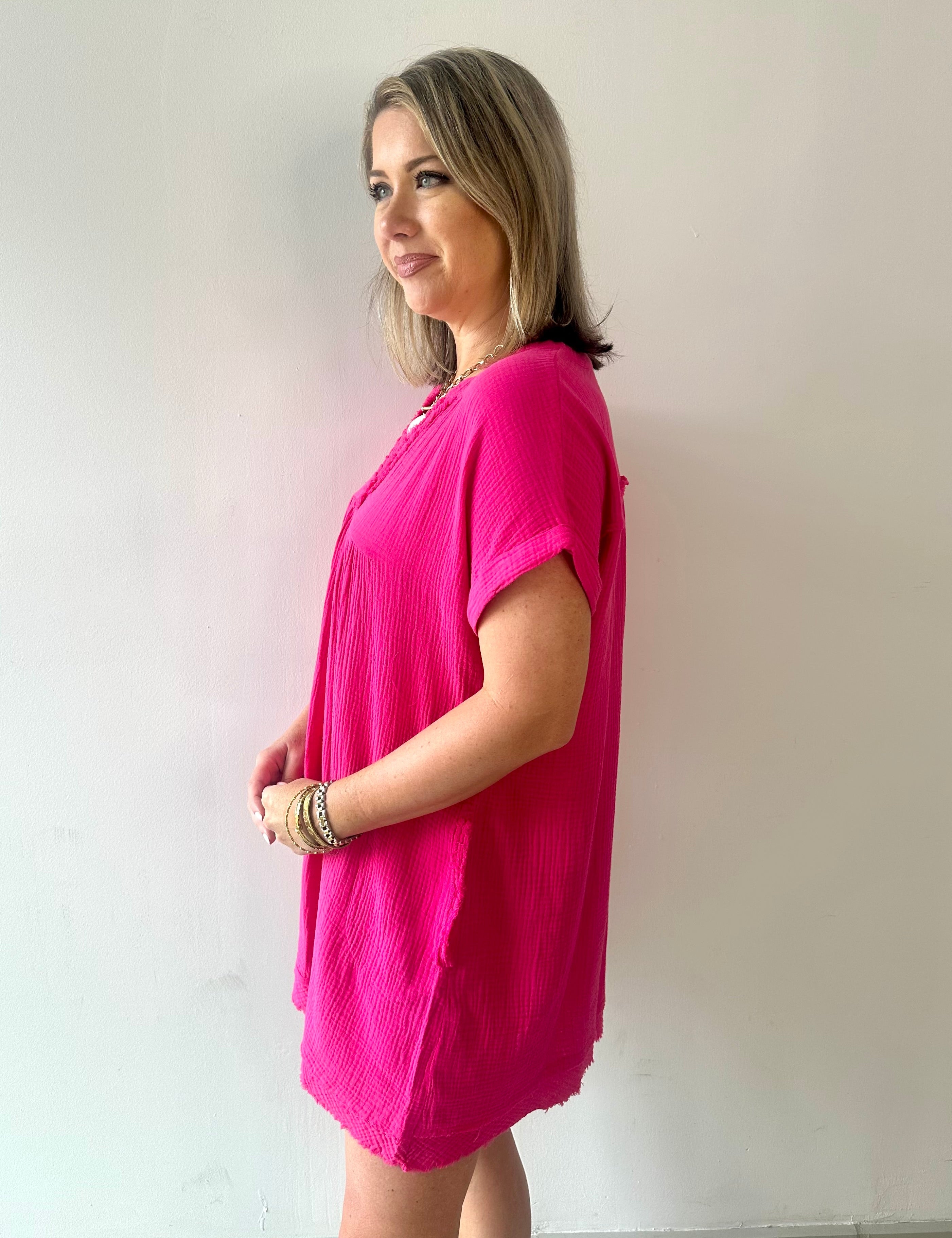 Double Gauze Raw Edge V - Neck Dress