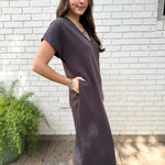 Draped V Neck Midi Dress