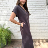 Draped V Neck Midi Dress