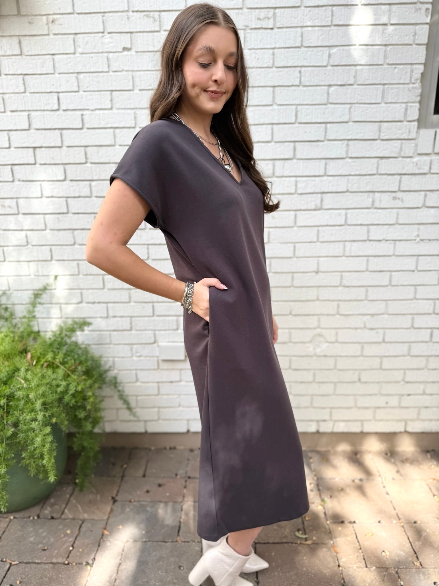 Draped V Neck Midi Dress