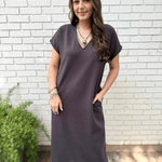 Draped V Neck Midi Dress