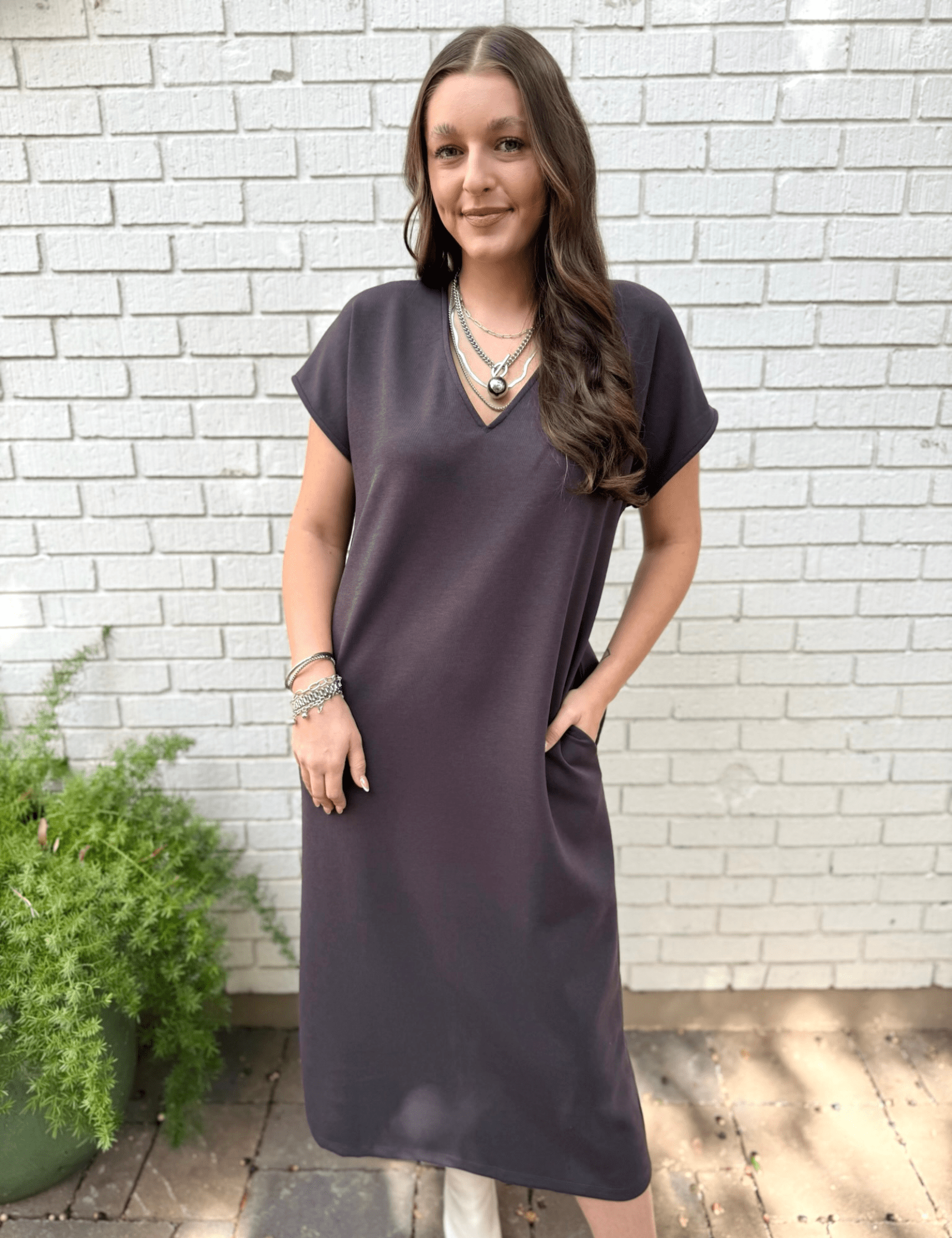 Draped V Neck Midi Dress
